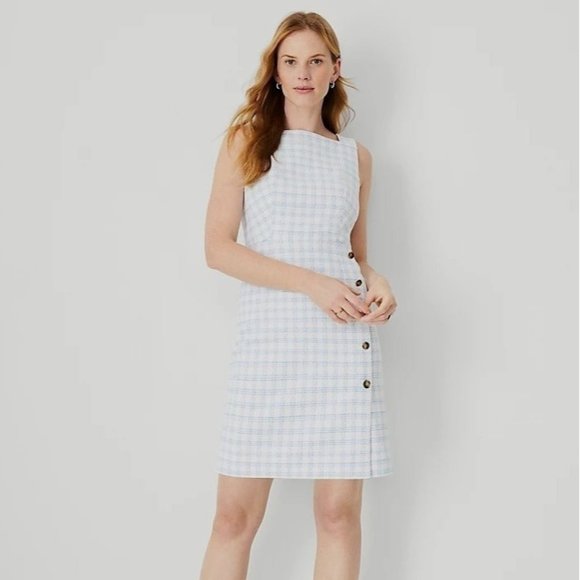 Ann Taylor Dresses & Skirts - Ann Taylor Dress 12P White Blue Plaid Button Trim Sheath Tweed Squarw Neck